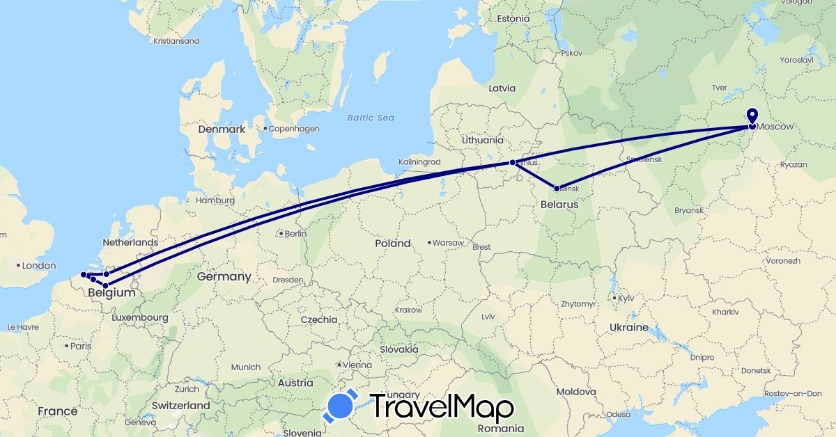 TravelMap itinerary: driving in Belgium, Belarus, Lithuania, Russia (Europe)